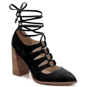 NWOT Anthro Seychelles Black Suede Lace Up Booties Ghillie Block Heel 9 Boho